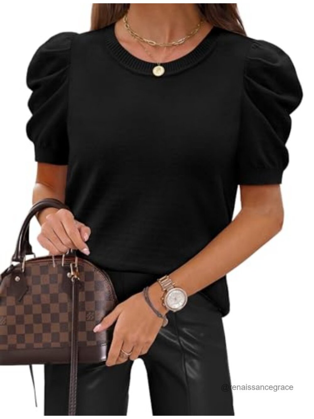 Sampeel Puff Sleeve Knit Sweater Crewneck Striped Short Sleeve Women's Business